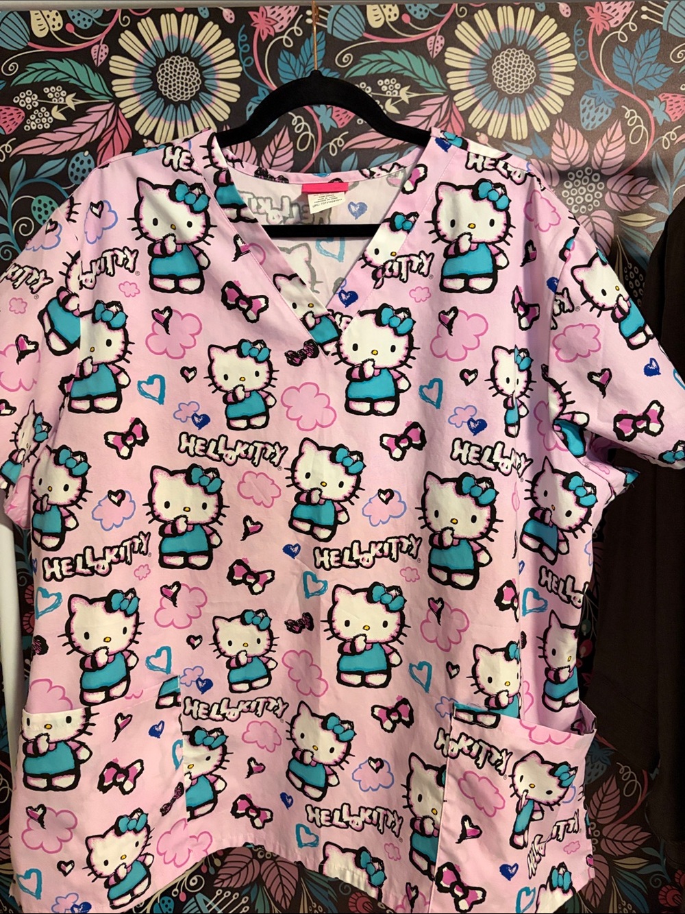 Hello Kitty Pink Teal Short-Sleeve Scrub Top